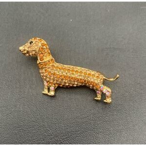 Dachshund Wiener Dog Golden Brown Crystals on Gold Tone Brooch Pin